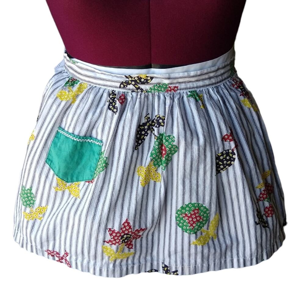 Vintage Handmade Child Size Half Skirt Apron patchwork stripes pocket